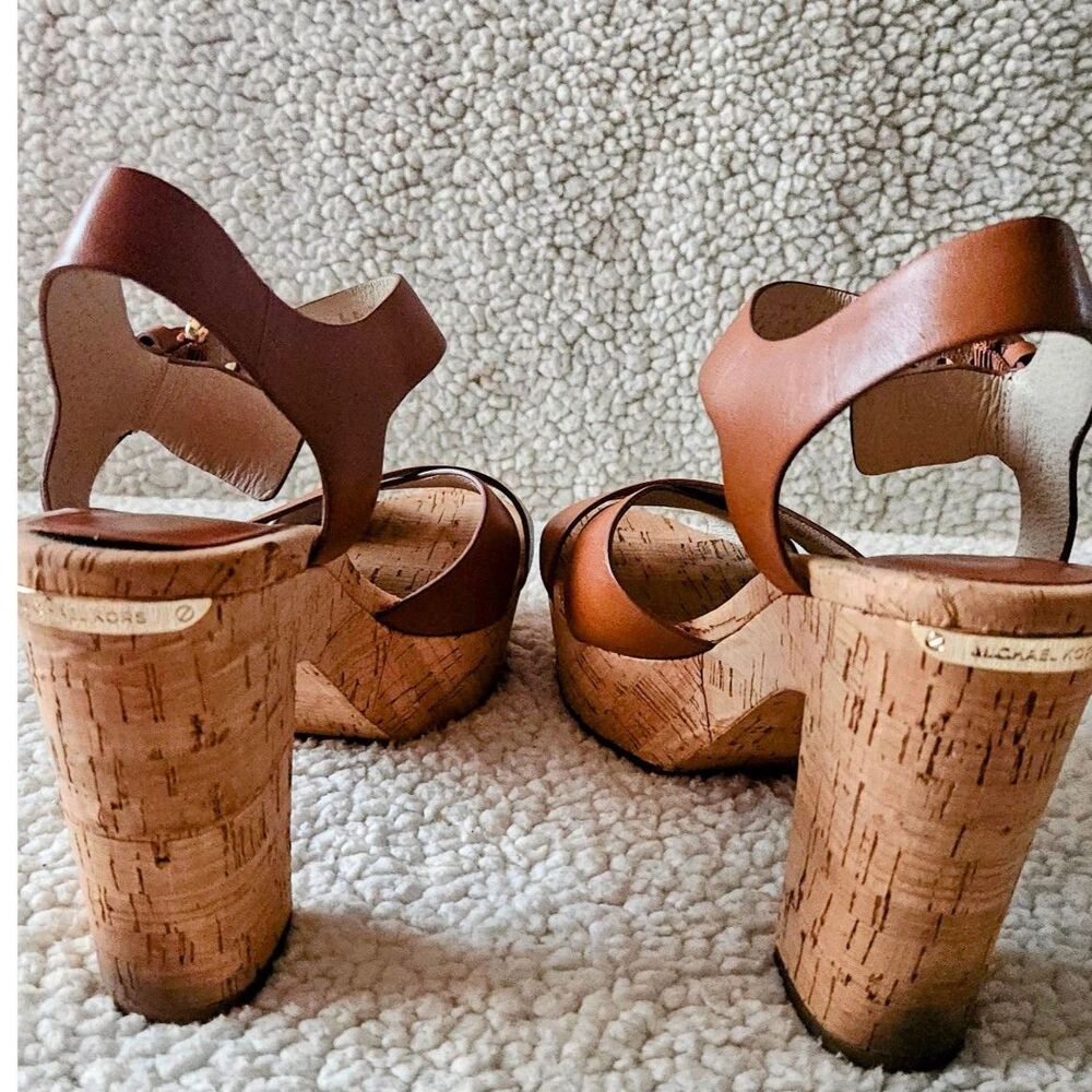 Micheal Micheal Kors Natalia Walnut Leather Cork Platform Sandals  7.5 - Picture 7 of 11